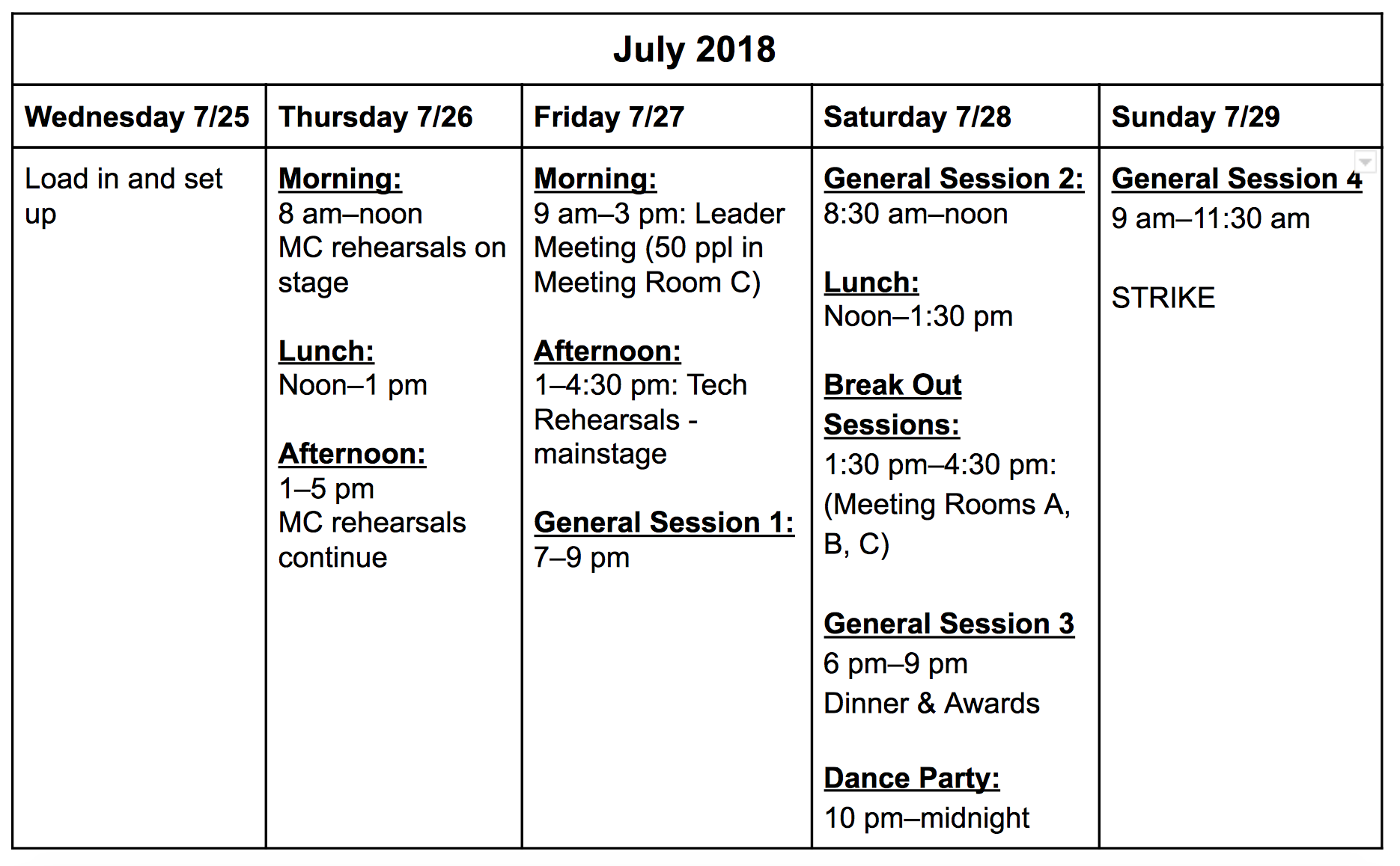 July Schedule